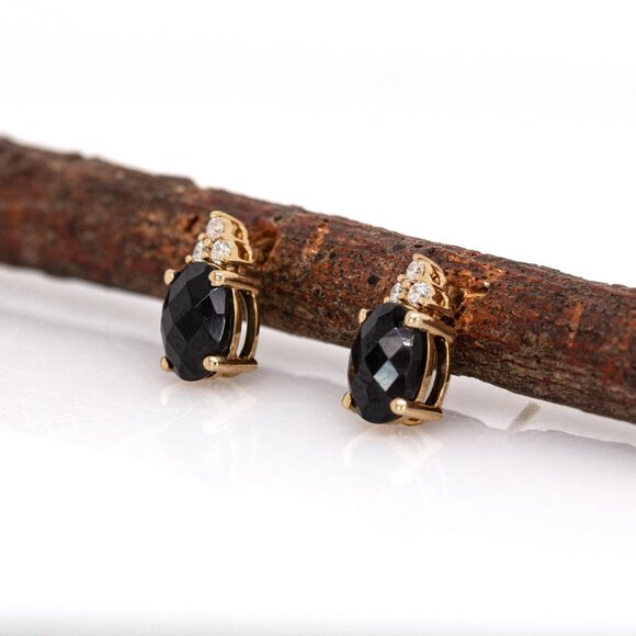 Black Spinel Stud Earrings in 14K Solid gold with Natural Diamond Accents - Picture 5 of 8
